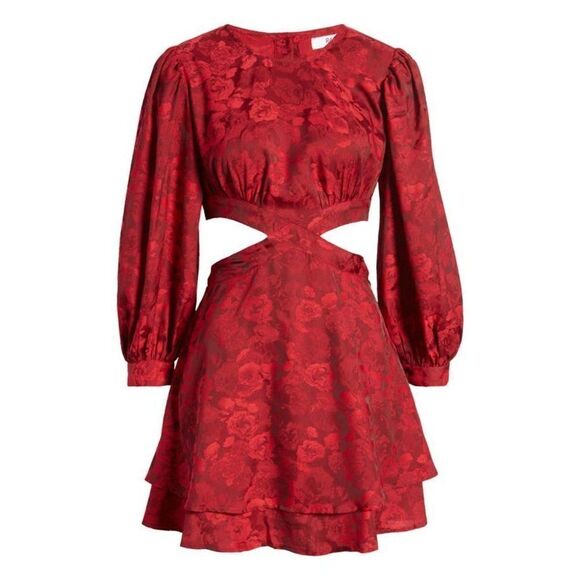 RAHI Dresses & Skirts - $155.00 RAHI Flora Cutout Long Sleeve Mini Dress in Ruby Red, Sz. S